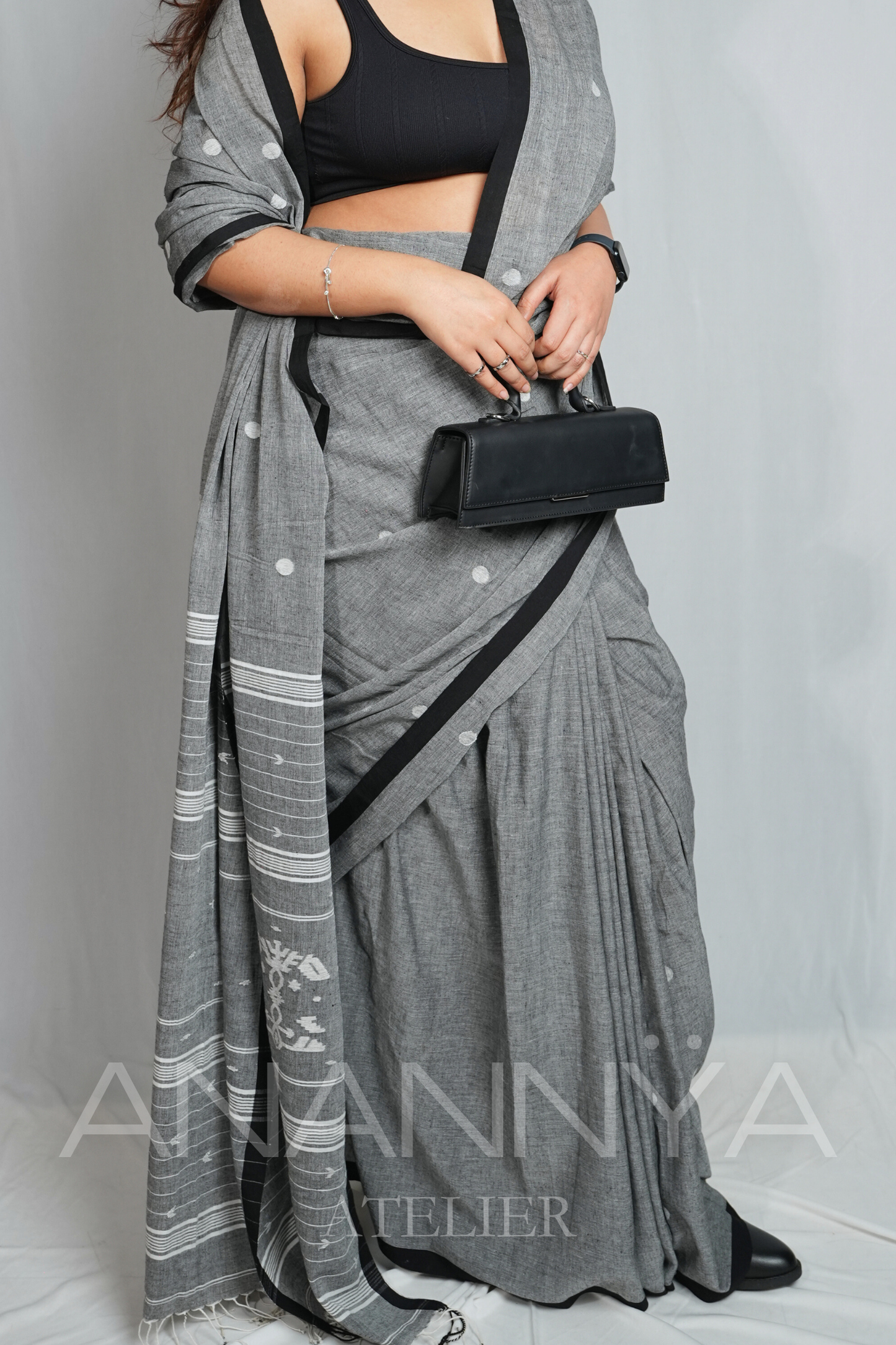 Polka Dots Monochrome Bengal Handloom Cotton Saree